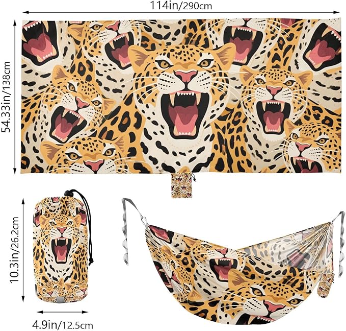 Colorful Cartoon Animal Leopard 330lb Capacity Hammocks with Hanging Rope Portable Hammock for Patio Backyard Lounge Base hamaca con Base para adultos