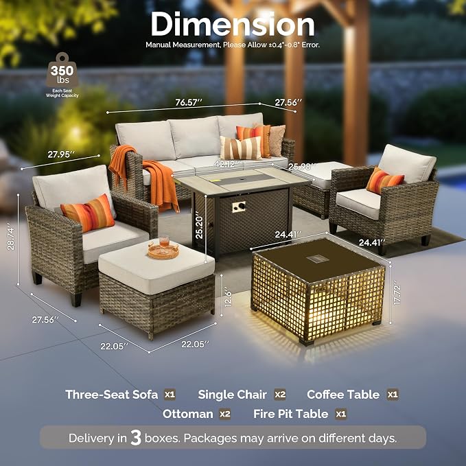 7 Piece Wicker Patio Furniture Set with Firepit Table, Gray | Outdoor Deep Seating Sofa Chair Ottoman, Firepit, Solar Lights Table, Modern Conversation Set, Porch Deck Backyard