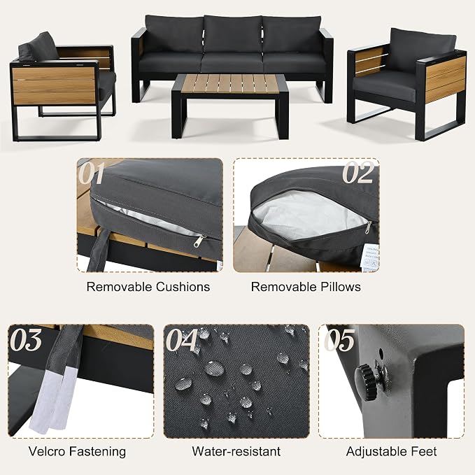 Merax Large 4-Piece Outdoor Patio Furniture Set for 5 Person, 3-Seater Sofa, 2 Armchairs with Fold-Out Side Tables, Aluminum Frame & Plastic-Wood, Modern Garden/Patio Seating, Grey Cushions