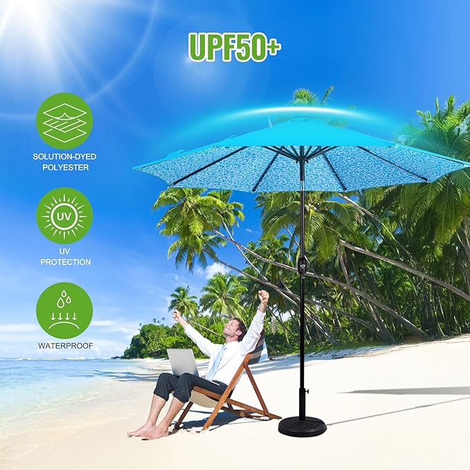 Backyard Expressions 9FT Solar Patio Umbrella with 32 LED Lights, UPF50+ UV Protection, Fade-Resistant Fabric, Easy Tilt & Crank, Outdoor Umbrella for Patio, Deck & Pool (Base Not Included)