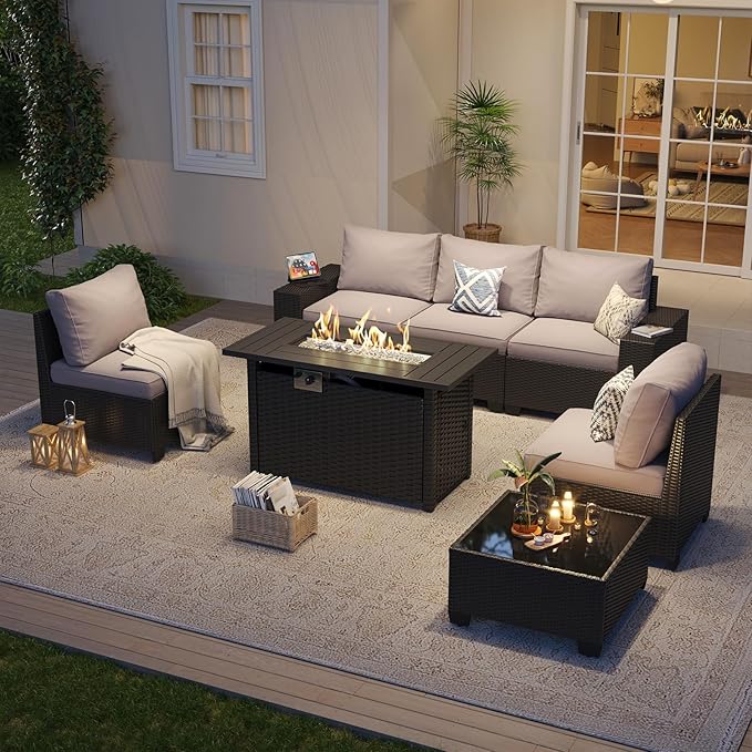 Aoxun Outdoor Patio Furniture Set with 44'' Fire Pit Table, 7 Pcs Outdoor Patio Furniture Sets with 4in Thicken Cushion, Widen Armrests Wicker Outdoor Sectional for Backyard (Waterproof Cover Include)