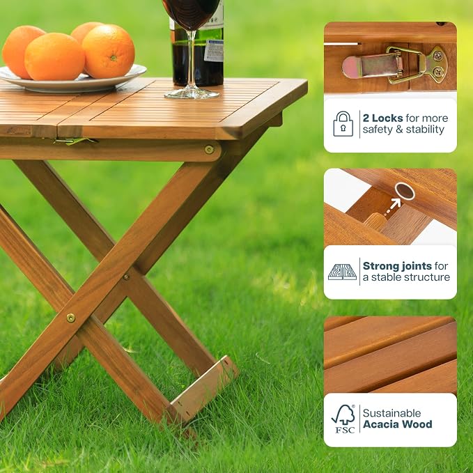Idzo Mira Acacia Wood Folding Bistro Side Table Outdoor, 19.5 Inch x 19.5 Inch, Heavy Duty 200 Lbs Capacity Loading, Space-Saving for Garden & Balcony, No Assembly