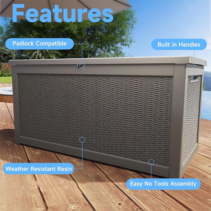 Deck Box Large Outdoor Storage for Patio Furniture,Outdoor Cushions,Garden Tools and Pool Supplies,Waterproof,Resin,Lockable (Grey, 320 Gallon)