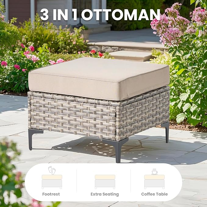 4 Pcs Patio Outdoor Furniture Set - All Weather Wicker Outdoor Sectional Sofa Couch with Ottoman,Patio Modular Rattan Conversation Set for Garden Deck Yard,Beige,