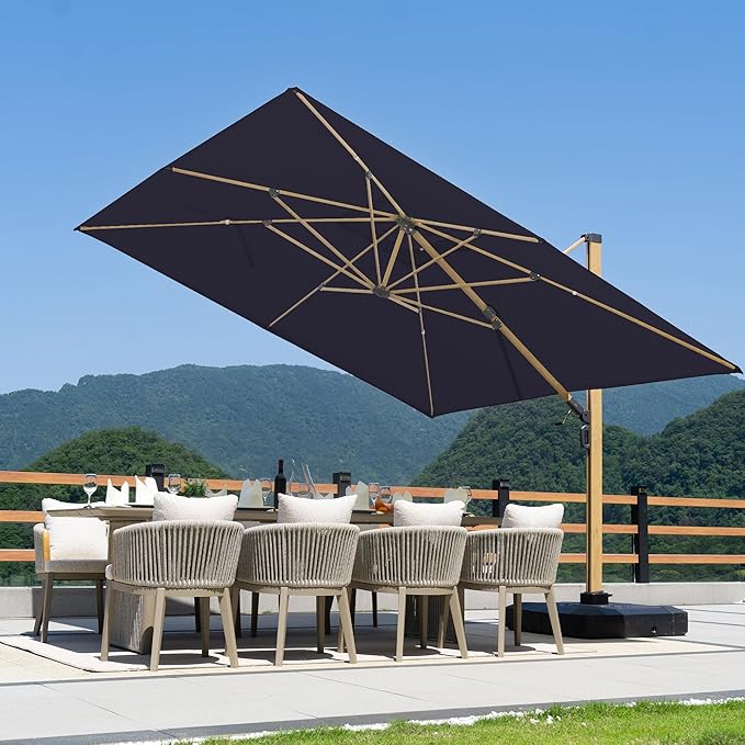 PURPLE LEAF 10‘ x 13’ Rectangle Patio Cantilever Umbrella Large Hanging Umbrella Teak Finished Aluminum Frame Windproof Offset Outdoor Sun Umbrellas for Beach Pool Deck, Navy Blue