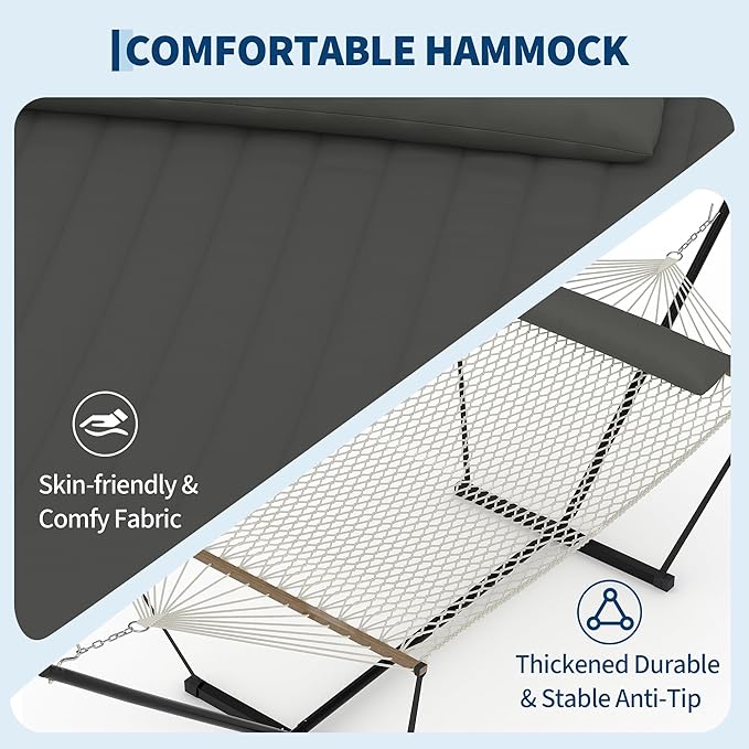 Double Hammock with Stand Curved-Bar Hammock, 450LBS Capacity, 2 Person Large Hammock, Indoor and Outdoor Hammock, Perfect for Backyard Patio Beach