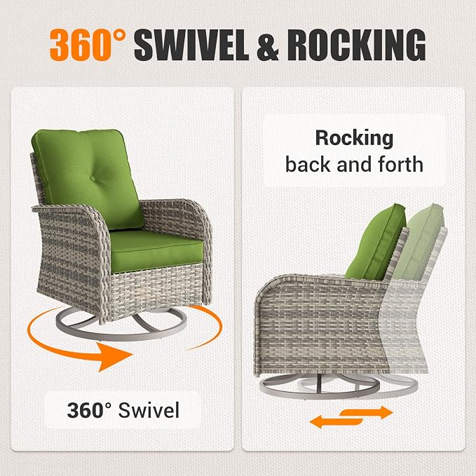 15-Piece Outdoor Patio Furniture Set with Rocking Swivel Chair, Wicker Rattan Sectional Sofa Conversation Set with Tempered Glass Table with Ottomans, Backyard Furniture, Avocado Green