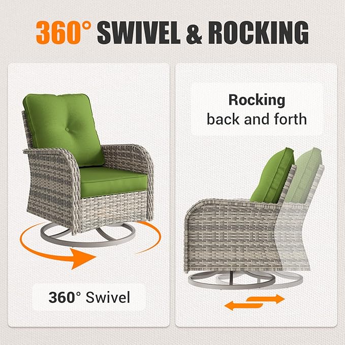 15-Piece Outdoor Patio Furniture Set with Rocking Swivel Chair, Wicker Rattan Sectional Sofa Conversation Set with Tempered Glass Table with Ottomans, Backyard Furniture, Avocado Green