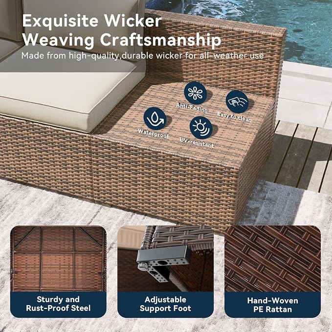 LazySunsets 10 Piece Outdoor Patio Furniture Set with Coffee Table, Outdoor Patio Furniture Sets with Thicken Cushion, Wicker Rattan Outdoor Conversation Set for Backyard & Garden, Beige