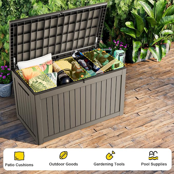 Deck Box Large Outdoor Storage for Patio Furniture,Outdoor Cushions,Garden Tools and Pool Supplies,Waterproof,Resin,Lockable (Grey, 280 Gallon)