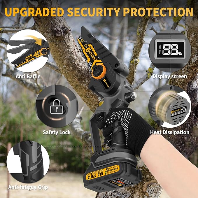 JEXUGK 6" Mini Chainsaw Cordless,2 x 2.0Ah Battery Brushless Electric Chain Saw Tool-free Installation with 2 Chains & Guide Plates,Portable Handheld Motosierra for Tree Pruning Wood Cutting