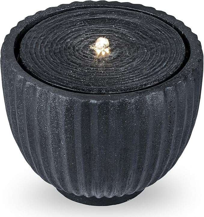 Giantex 18" Round Outdoor Water Fountain with 6 LED Lights, Stone Gray Resin Sphere Waterfall Feature with Adjustable Pump, Lighted Bubbling Fountain for Garden Patio Porch Decor (17.5" Dia. x 14" H)