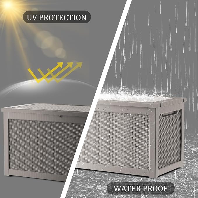 320 Gallon Deck Boxes Outdoor Waterproof, Outdoor Storage Box with Lockable Lid & UV-Resistant for Patio Furniture, Outdoor Cushions, Garden Tools and Pool Supplies, Light Brown