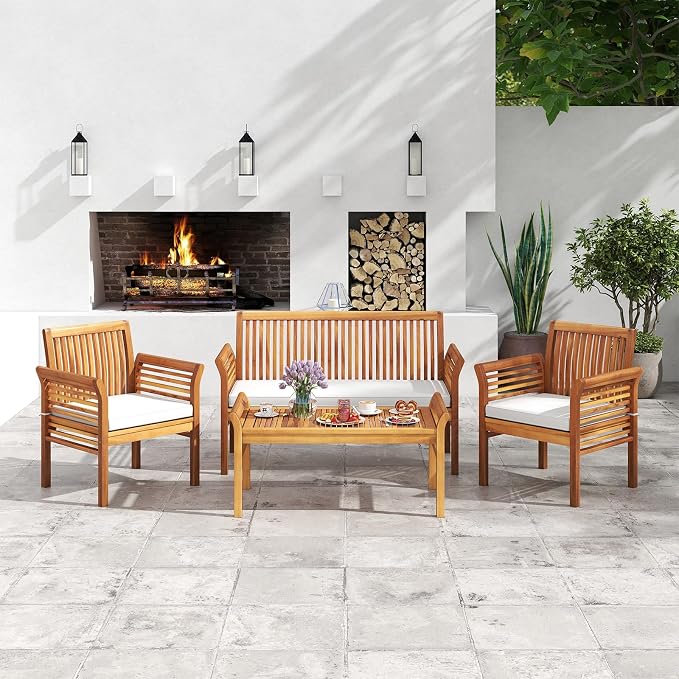 8 Piece Patio Furniture Set, Acacia Wood Sofa Set with Rectangular Coffee Table & Soft Seat Cushions, Outdoor Conversation Set for Garden, Backyard & Poolside