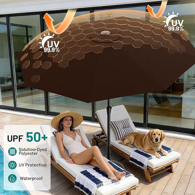 AreShark 10 FT Outdoor Patio Umbrella, Patio Table Umbrella with Push Button Tilt and Crank, Outdoor Patio Umbrellas with 8 Fiberglass Ribs, Patio Umbrellas for Market, Garden, Pool (Brown)