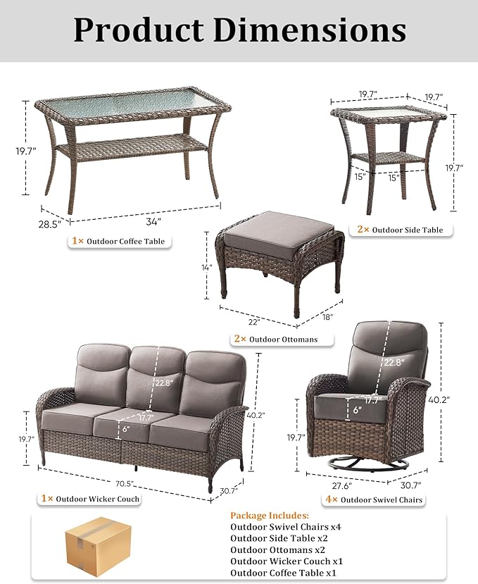 10-Piece Luxury Patio Furniture Set with 6-Inch Thick Cushions, High-Back Outdoor 4 Swivel Rocking Chairs with Wicker Coffee Table, All-Weather Conversation Set for Porch, Deck, Yard Gray