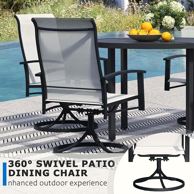 9-Piece Outdoor Dining Set for 8 – 60" Black Round Outdoor Table with Umbrella Hole & 8 White Patio Swivel Chairs, All-Weather Patio Furniture