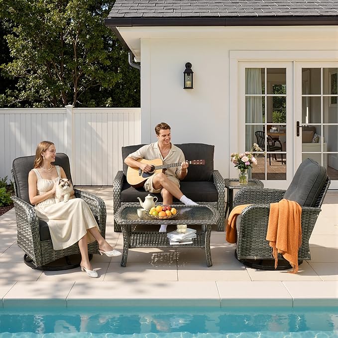 5-Piece Patio Furniture Set, Outdoor Wicker Furniture with Coffee Table, High Back Swivel Rocker Patio Chairs, Modern Rattan Outdoor Chairs Conversation Set for Porch, Balcony, Garden, Black