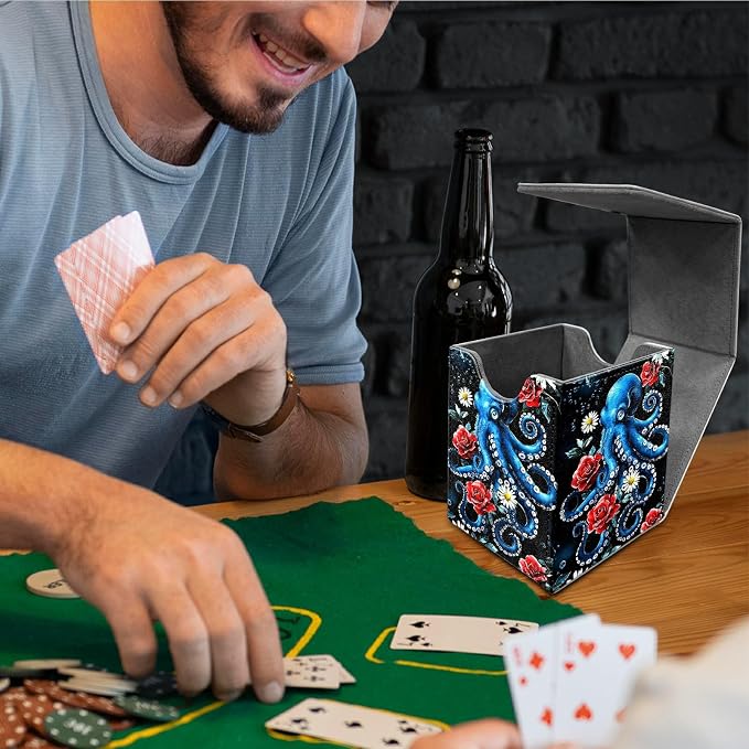 Rose Octopus Card Deck Box for MTG, Personalized Card Storage Case Fits 120+ Sleeved Cards, Premium Leather TCG Box with Strong Magnetic Closure for Magic, CCG, PTCG, Baseball Cards
