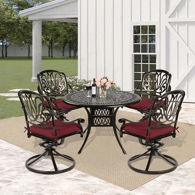 5 Piece Patio Dining Set, Outdoor Table and Chairs Set for 4 Cushioned Swivel Rocking Chairs and 35.4'' Round Table, All-Weather Cast Aluminum Patio Funiture Set, 2'' Umbrella Hole, Red