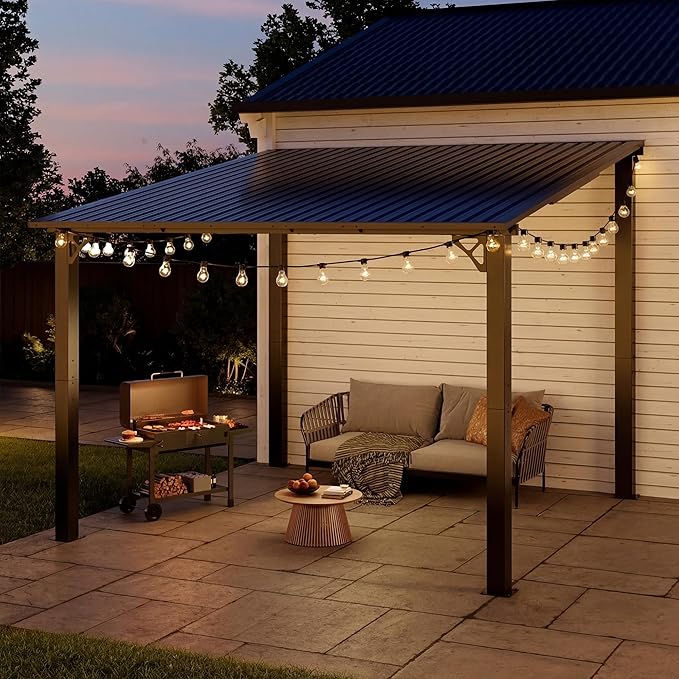 AirWire 10'x10' Lean to Gazebo, Hardtop Pergola with Metal Roof, Wall Mounted Heavy Duty Canopy Awning for Backyard, Deck and More