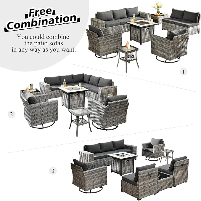 HOOOWOOO Outdoor Patio Sectional Furniture Sofa Set with Fire Pit Table,10 Piece Modern Wicker Couch with Swivel Chairs,Modular Conversation Seating Set with Widened Armrest for Garden(Black)