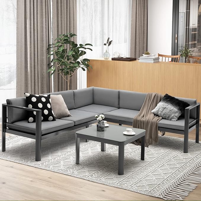 Tangkula 3 Piece Aluminum Patio Furniture Set, Patiojoy Outdoor Sectional Sofa Set with 6-Level Reclining Backrest, Tempered Glass Tabletop, Seat & Back Cushions for Backyard, Poolside (Grey)