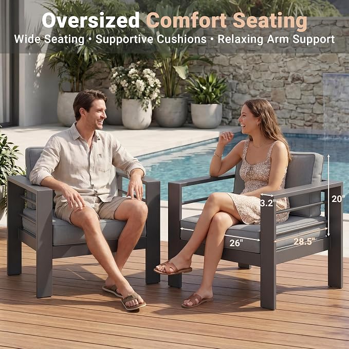Solaste Aluminum Outdoor Patio Furniture Set, 7 Seats Patio Sectional Sofa with 5" Thick Cushion, Outdoor Patio Set with Coffee Table for Porch, Backyard, Deck, Yard, Grey