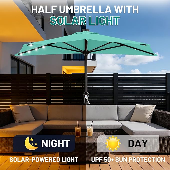 AreShark 9ft Patio Half Umbrellas with Solar Lights, 1/2 LED Half Outdoor Umbrella w/ 20 LED Lights, Lighted Table Wall Umbrella with Crank & 5 Sturdy Ribs for Market, Pool, Deck, Lawn and Garden, Teal Blue