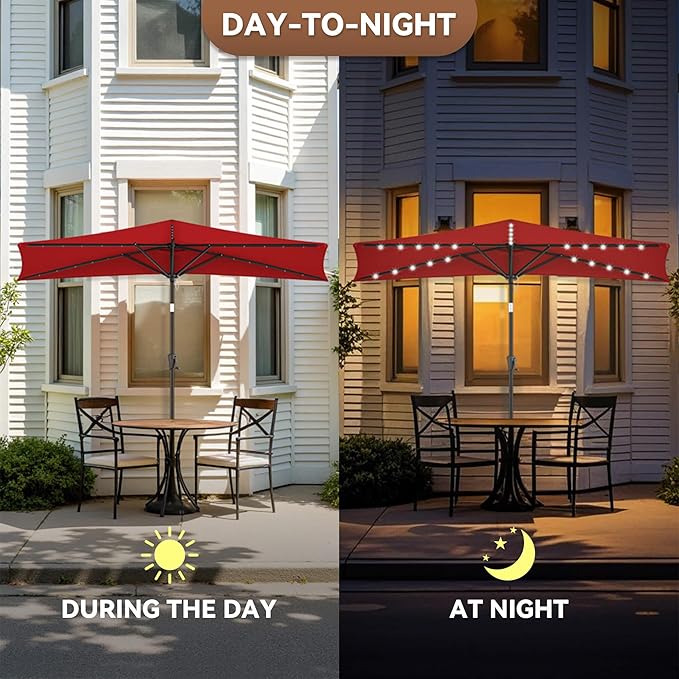 FLAME&SHADE 9 FT Solar Half Patio Umbrella with 25 LED Lights, Half Outdoor Umbrella with Button Tilt, Half Round Table Umbrella For Deck, Backyard, Balconies, Decks, Rvs, UV Protection (Red)