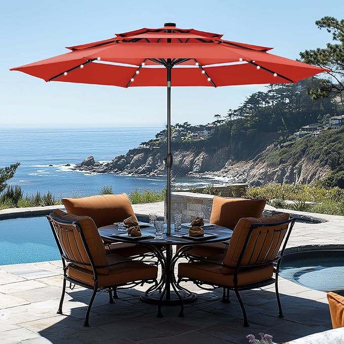 GREEN PARTY 10ft Patio Umbrella with Solar Lights, Auto-Tilt Lighted Market Table Umbrellas with Crank, 8 Sturdy Ribs & 1.5" Pole outdoor umbrellas for Patio Garden Deck Backyard Pool, Orange Red