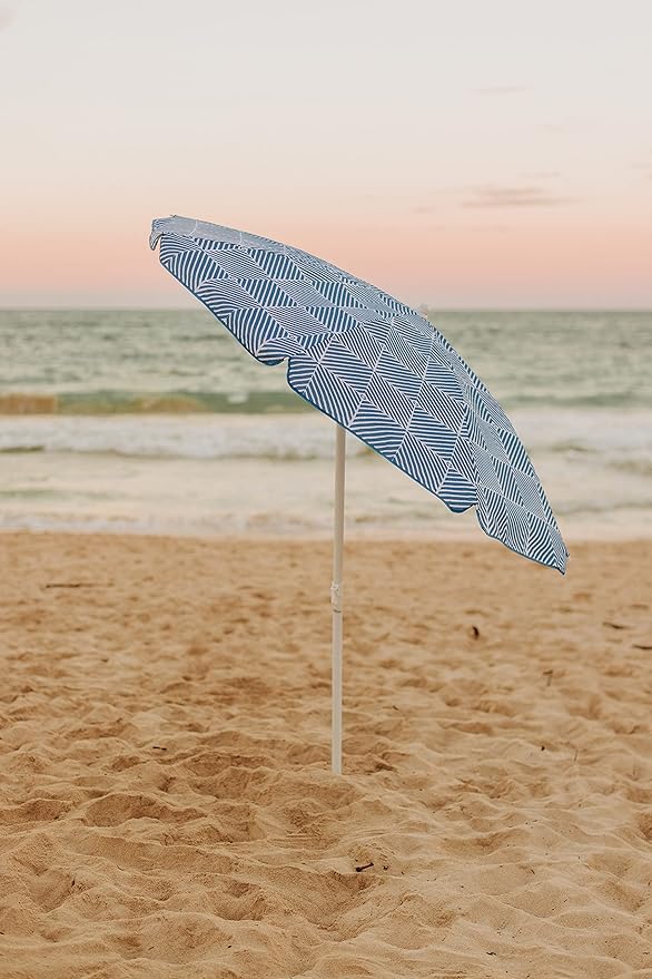 PICNIC TIME 5.5 Ft Portable Beach Umbrella, Lightweight UV Protection Sunshade with Tilt Pole & Carry Bag, Outdoor Canopy Umbrella for Beach, Sand, Pool, Patio, Camping, Travel, or Backyard Shade, (Blue Athens Pattern)