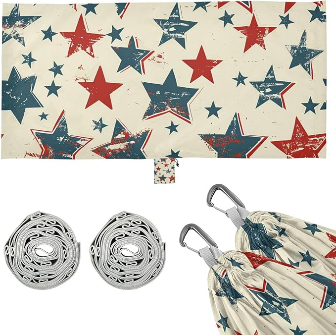 4th of July Independence Day Red and Blue Stars 330lb Capacity Camping Hammock with Tree Straps Tree Hammock for Outside Camping Essentials hamacas para Deck