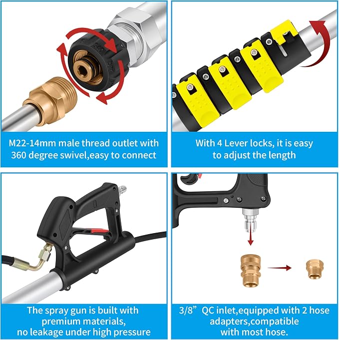 24 FT Power Washer Extension Wand with Turbo Nozzle & Brush Head | Telescoping Pressure Washer Extension Wand, Aluminum Solar Panel Cleaner Pole, 7 Nozzle Tips, 3 Adapters & Harness
