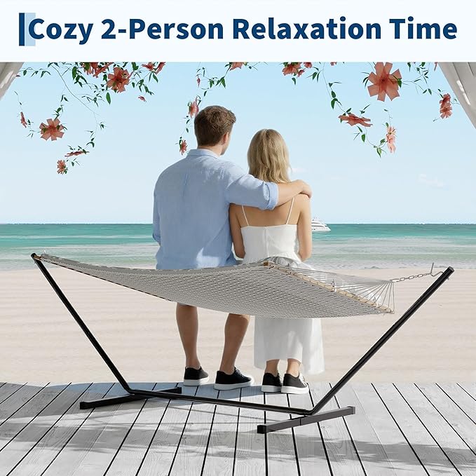 2 Person Outdoor Hammock with Stand, Cotton Rope Hammock with Polyester Pad, Adjustable Steel Frame, 2-in-1 Hammock for Patio, Backyard, Garden, Beach（Light Gray Stripes）