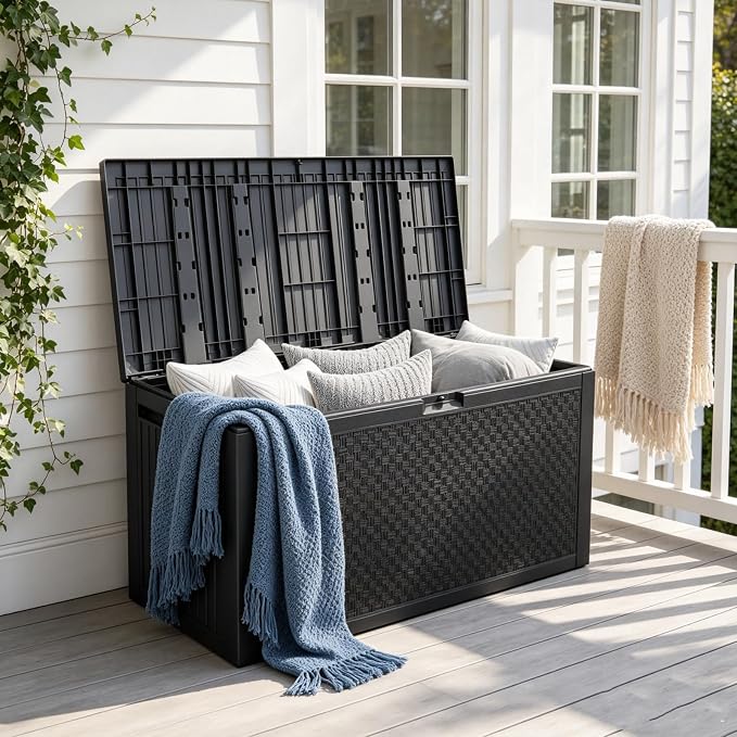 90 Gallon Outdoor Storage Deck Box with Wheels, Waterproof Resin Garden Storage Box Chest for Patio Furniture Cushions & Garden Tools, Lockable Seat Bench, Black