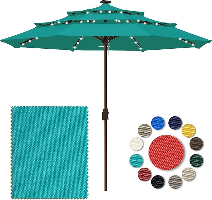 Eurmax USA 10-Year-Non-Fading 10FT 3-Tier Outdoor Patio Market Umbrella with LED Lights,UPF50+ UV Resistant,Commercial Grade,Crank Lift Design,Windproof Vented Top for Garden,Pool,Deck,Teal