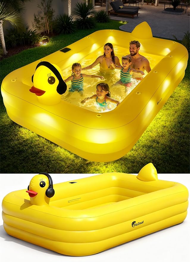FizZeal Inflatable Pool with Lights,Solar Duck Inflatable Swimming Pool for Kid,Blow Up Pool for Adults,Large Inflatable Kiddie Pool,Durable Thickened Family Inflatable Kid Pool for Backyard 100*63*22