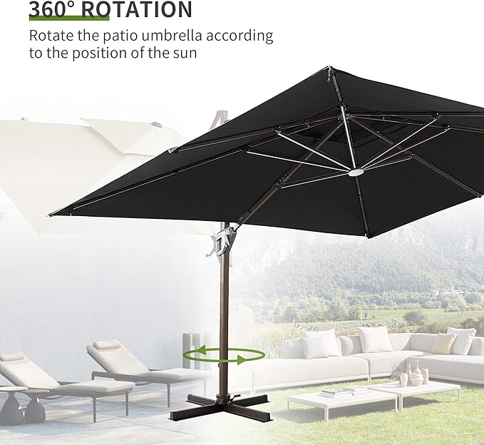 JZAC & QZYD 10X13 FT Outdoor Cantilever Patio Umbrella with LED Lights, Large Heavy Duty 2-Tier Aluminum Offset Umbrellas with 360-Degree Rotation for Pool Deck, Black