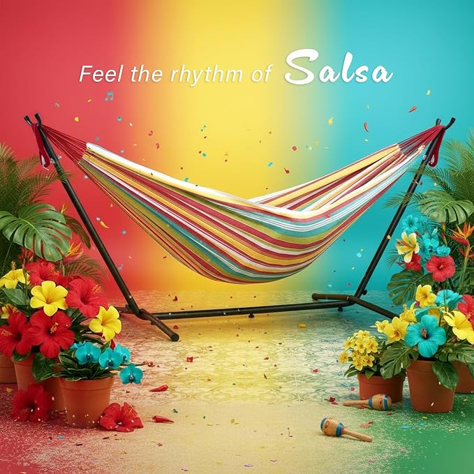 Vivere Double Cotton Hammock with Space Saving Steel Stand, Upgraded Polyester End Strings 450 lb Capacity - Premium Carry Bag Included - USA Grown Cotton (Salsa)