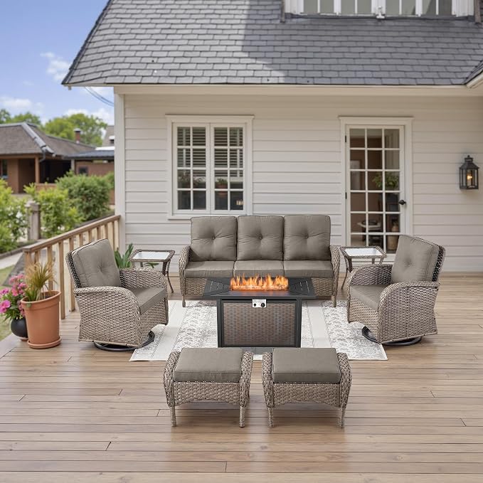Belord 8 Piece Patio Furniture Set with 50000 BTU Propane Fire Pit Table, Outdoor Conversation Set with 2 Swivel Rocker Chairs Wicker Sofa and Ottomans for Casual Gatherings Grey Wicker