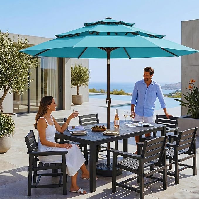 10ft 3 Tier Patio Umbrella, Outdoor Market Table Umbrella with UPF 50+ Vented Canopy, 8 Sturdy Ribs, Easy Push Button Tilt and Crank, Windproof for Deck, Pool, Backyard and Garden