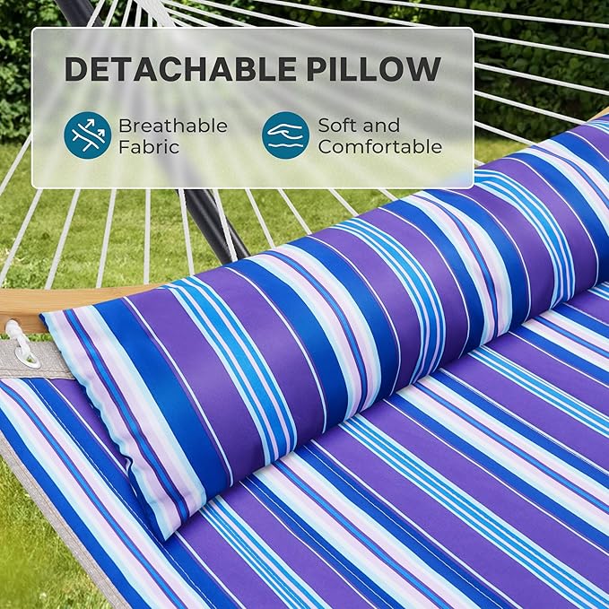 SUPERJARE Curved-Bar Hammock with Stand, 2 Person Heavy Duty Hammock Frame, Detachable Pillow & Portable Carrying Bag, Perfect for Outdoor & Indoor, Deep Ocean Fine Stripe