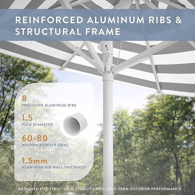 California Umbrella 8-Year Protection 7.5 Ft Outdoor Patio Umbrella, Solstice Fade-Resistant Fabric, Auto-Tilt, Heavy Duty Aluminum Frame, 8 Reinforced Ribs for Pool or Deck, White Pole, Gray White Cabana Stripe