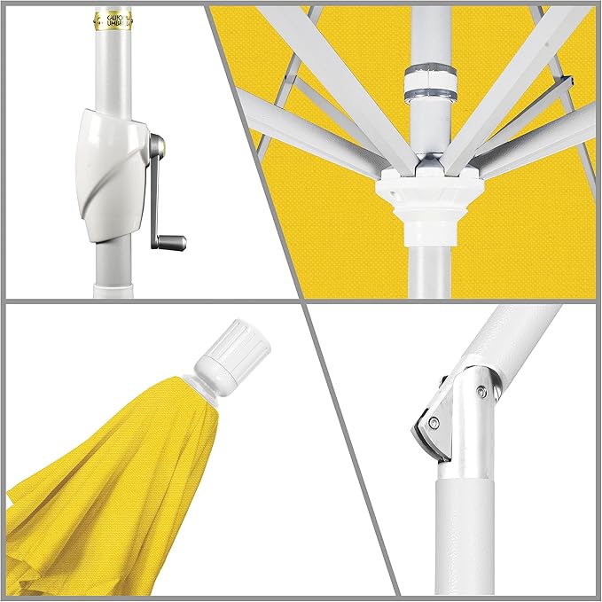 California Umbrella 9' Round Aluminum Market Umbrella, Crank Lift, Push Button Tilt, White Pole, Lemon Olefin