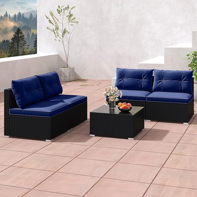 Tangkula 5 Piece Rattan Sofa Set, Outdoor Wicker Furniture Set w/Seat & Back Cushions, Square Coffee Table, Patio Sectional Sofa Set for Backyard, Poolside, Garden (Navy)