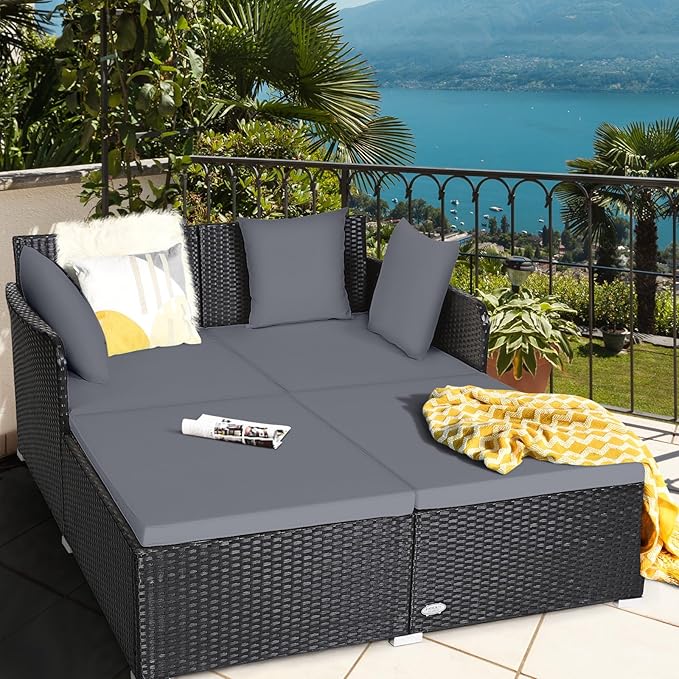 HAPPYGRILL Outdoor Rattan Daybed Patio Loveseat Sofa Set with Padded Cushion Pillows and Sturdy Aluminum Foot Wicker Patio Furniture for Garden Porch Poolside