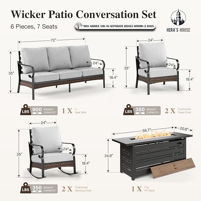 HERA'S HOUSE 6 Piece Metal Patio Furniture Set with 56" Fire Pit Table, All Weather Outdoor Conversation Set 7 Seats, 3 Seat Sofa, 2 Rocking Chairs, 2 Fixed Chairs for Backyard Garden Deck, Light Grey