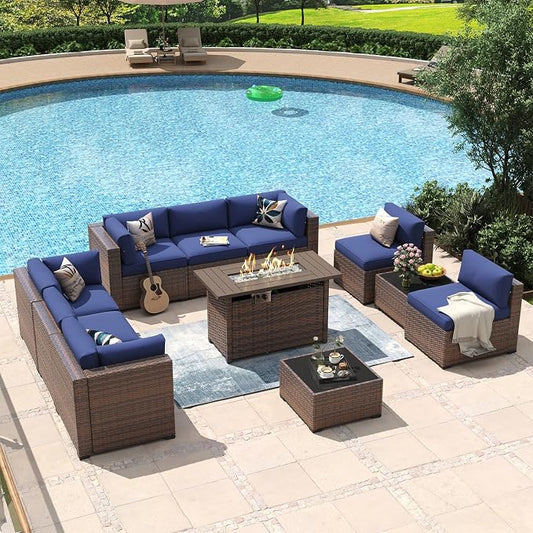 Aoxun 11 Piece Patio Furniture Set with 44” Fire Pit Table Wicker Rattan Outdoor Sectional Sofa Set with Coffee Table and 4” Thickened Cushions, Blue