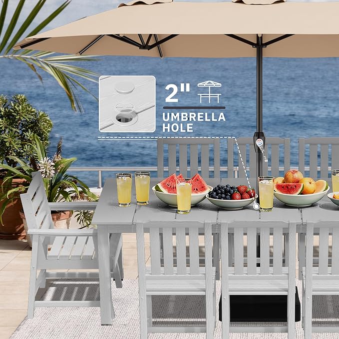 AreShark 5-Piece Outdoor Dining Set,HDPE Patio Table with 4 Chairs,All-Weather Patio Furniture Set with Umbrella Hole,Low Maintenance Wood Grain Dining Set for Backyard,Garden,Poolside,White
